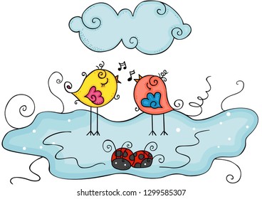 Happy birds singing with ladybugs