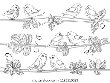 happy birds sitting on branches of tree for your coloring book