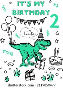 Niño feliz de cumpleaños 2 años. Cute tarjeta de doodle de dinosaurio y afiche. Divertida colección de Dino. Diseño textil para un niño de fondo blanco. Ilustración vectorial monstruosa de dibujos animados.