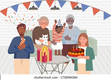 Happy Birhtday Family all ages  concept.Organize a party in the home. Mother holding cake.Grandmother held a cat.Father fireworks.Grandfather hugs girl.Kid smiling.New normal Flat Vector Illustration.