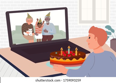 Happy Birhtday Family all ages concept.Organize a party in the home.Man remote video call party in house.Father holding cake.Grandmother held a cat.Grandfather hugs girl.Kid smiling.New normal Flat.