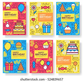 happy birtday party vector brochure cards thin line set. Candy way template of flyear, magazines, posters, book cover, banners. Layout cake outline illustrations modern pages