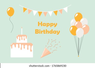 Happy Birtday Vector Set. Collection Of Ballons, Garland Of Flags, Flapper And Bunk Cake Isolated On Tranquil Dawn Background.