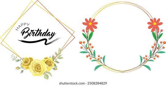 Happy birth  Day card, white background set. Colorful Floral circle Frames with wishes for birthday . Template for design greeting card, invitation, flyer, sale poster, banner