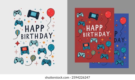 happy birth day gamers design, game console frame birthday card game illustration