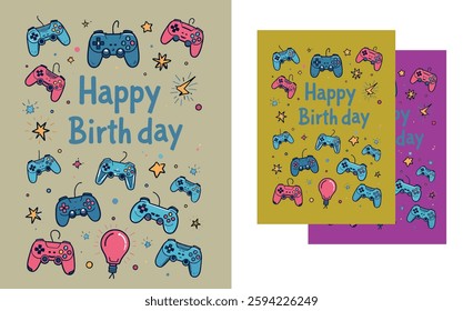 happy birth day gamers design, game console frame birthday card game illustration