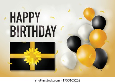 Happy birth day vector illustration with dark luxury present box and black, grey and gold glossy balloons