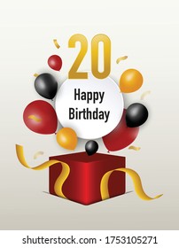 Happy birth day vector illustration with open surprise gift box with colourful glossy balloons on white background