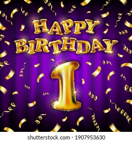 Happy Birthday 1 message made of golden inflatable balloon one letters isolated on violet background. Happy birthday party balloons concept vector illustration