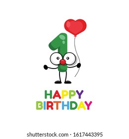 happy birthday - 1 year. happy Birthday card. funny charakter number with heart balloon. 