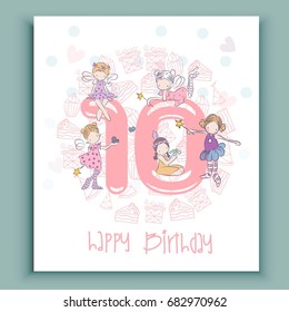 Happy birthday 10, colorfool card with Fairies, gifts,  vector illustration 