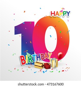 Happy Birthday 10 date , fun celebration greeting card with number, text label and colorful geometry design. EPS10 vector.