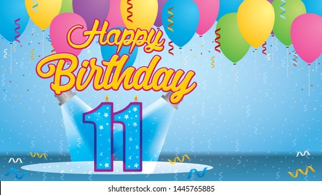 Happy Birthday 11 Greeting card. Blue candle lit in the form of a number being lit by two reflectors in a room with balloons floating with streamers and confetti falling to the floor. Vector image