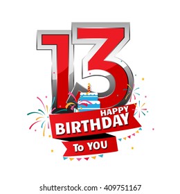 Happy Birthday 13 date , fun celebration greeting card with number, text label and colorful geometry design. EPS10 vector.