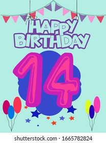 Happy birthday 14 years. Colorful festive illustration for celebratory party and decoration