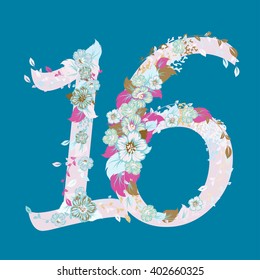 Happy Birthday 16 years old, anniversary logo. Vector illustration of floral numbers collection