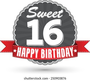 Happy birthday 16 years retro label with red ribbon, vector illustration