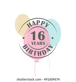 Happy birthday 16 years round logo with festive balloons, greeting card template