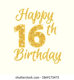 Happy birthday 16th glitter greeting card. Clipart image isolated on white background.