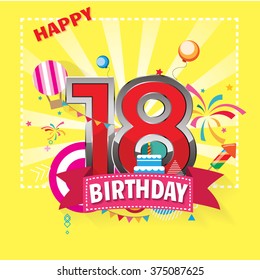 Happy Birthday 18 date , fun celebration greeting card with number, text label and colorful geometry design. EPS10 vector.