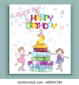 Happy birthday 2. Colorful card with little Fairies, cacks and candle