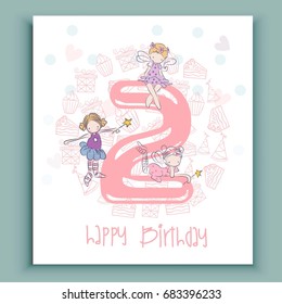 Happy birthday 2, colorful card with Fairies, gifts, vector illustration