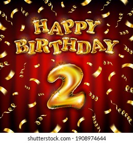 Happy Birthday 2 message made of golden inflatable balloon two letters isolated on red background. Happy birthday party balloons concept vector illustration art