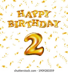 Happy Birthday 2 message made of golden inflatable balloon two letters isolated on white background. Happy birthday party balloons concept vector illustration