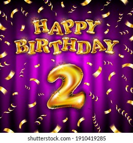 Happy Birthday 2 message made of golden inflatable balloon two letters isolated on pink background. Happy birthday party balloons concept vector illustration