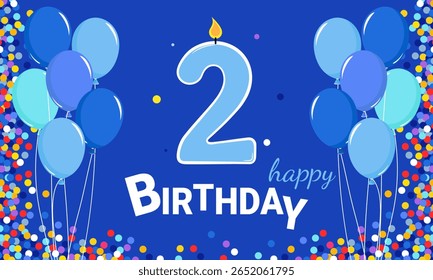 Happy Birthday. 2 years old. Balloons and a candle on a blue background. Children's birthday.