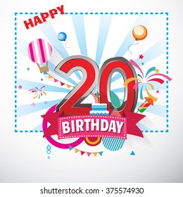 Happy Birthday 20 date , fun celebration greeting card with number, text label and colorful geometry design. EPS10 vector.