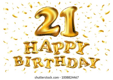 Happy birthday 21 years anniversary joy celebration. 3d Illustration with brilliant gold balloons & delight confetti for your unique greeting card, banner, birthday invitation, celebrate anniversary svg