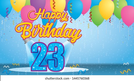 Happy Birthday 23 Greeting card. Blue candle lit in the form of a number being lit by two reflectors in a room with balloons floating with streamers and confetti falling to the floor. Vector image