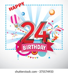 Happy Birthday 24 date , fun celebration greeting card with number, text label and colorful geometry design. EPS10 vector.
