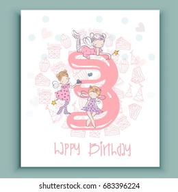 Happy birthday 3, colorful card with Fairies, gifts, vector illustration