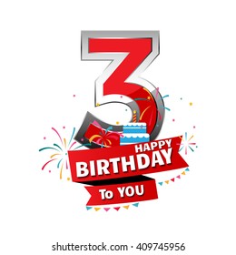 Happy Birthday 3 date , fun celebration greeting card with number, text label and colorful geometry design. EPS10 vector.