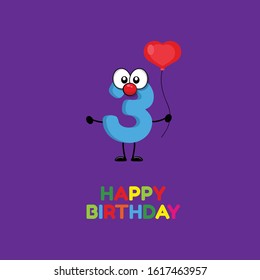 happy birthday - 3 year. happy Birthday card. funny charakter number with heart balloon. 