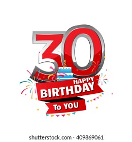 Happy Birthday 30 date , fun celebration greeting card with number, text label and colorful geometry design. EPS10 vector.