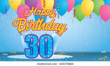 Happy Birthday 30 Greeting card. Blue candle lit in the form of a number being lit by two reflectors in a room with balloons floating with streamers and confetti falling to the floor. Vector image