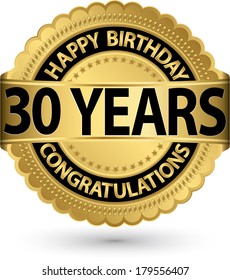 Happy birthday 30 years gold label, vector illustration 