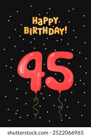 Happy Birthday 35 years greeting card design. Vector illustration. Vertical Bday card template. Colorful helium balloons number 35 and text. Fun celebration postcard