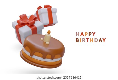 Feliz cumpleaños. Torta 3D, vela, cajas de regalo atadas con cintas y arco. Cartel vectorial con texto colorido. Concepto de tarjeta de saludo, afiche en estilo de caricatura