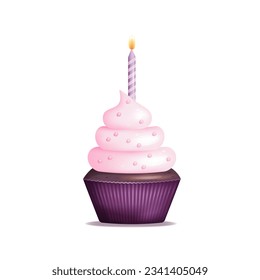 Happy birthday 3d chocolate cupcake with pink cream and candle.