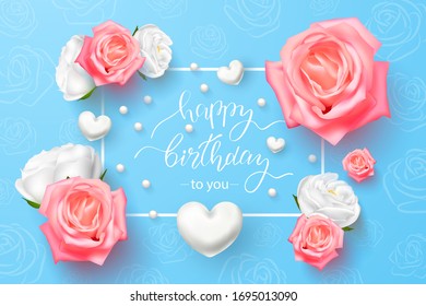 
Happy Birthday with 3D flowers and white hearts on a blue background.Vector illustration for cards, banners, invitations.