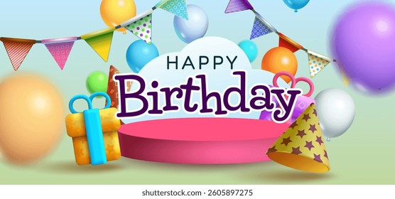 Happy Birthday with 3D gifts, stage, and party decorations on a light background. Vector Illustration