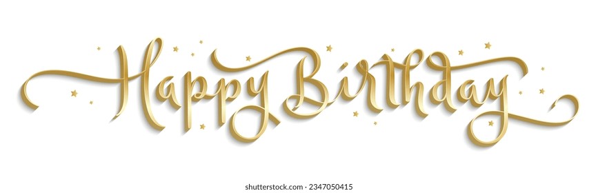 HAPPY BIRTHDAY 3D metallic gold vector brush calligraphy banner with stars on white background