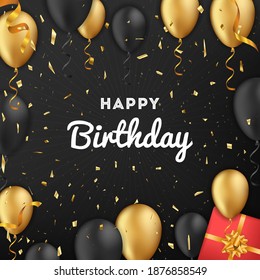 Happy birthday 3d realistic bunch of golden and black air balloon on dark grey gradient background with text and glitter confetti holiday design for greeting card, party poster, banner template