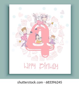 Happy birthday 4, colorful card with Fairies, gifts, vector illustration