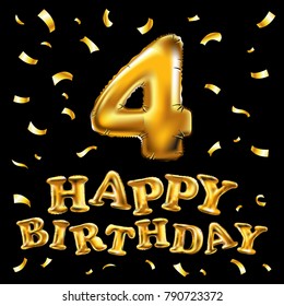 happy birthday 4 four gold balloon celebration and golden confetti, glitters. Illustration design for your greeting card, invitation and Celebration party of four years anniversary. black background 