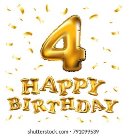 happy birthday 4 four gold balloon celebration and golden confetti, glitters. Illustration design for your greeting card, invitation and Celebration party of four years anniversary. white background